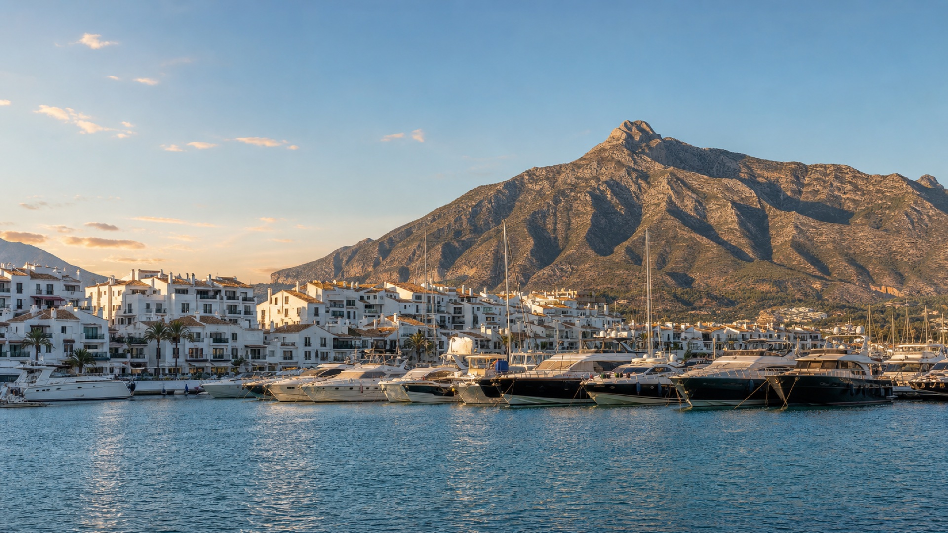 Puerto Banús with La Concha mountain at sunset